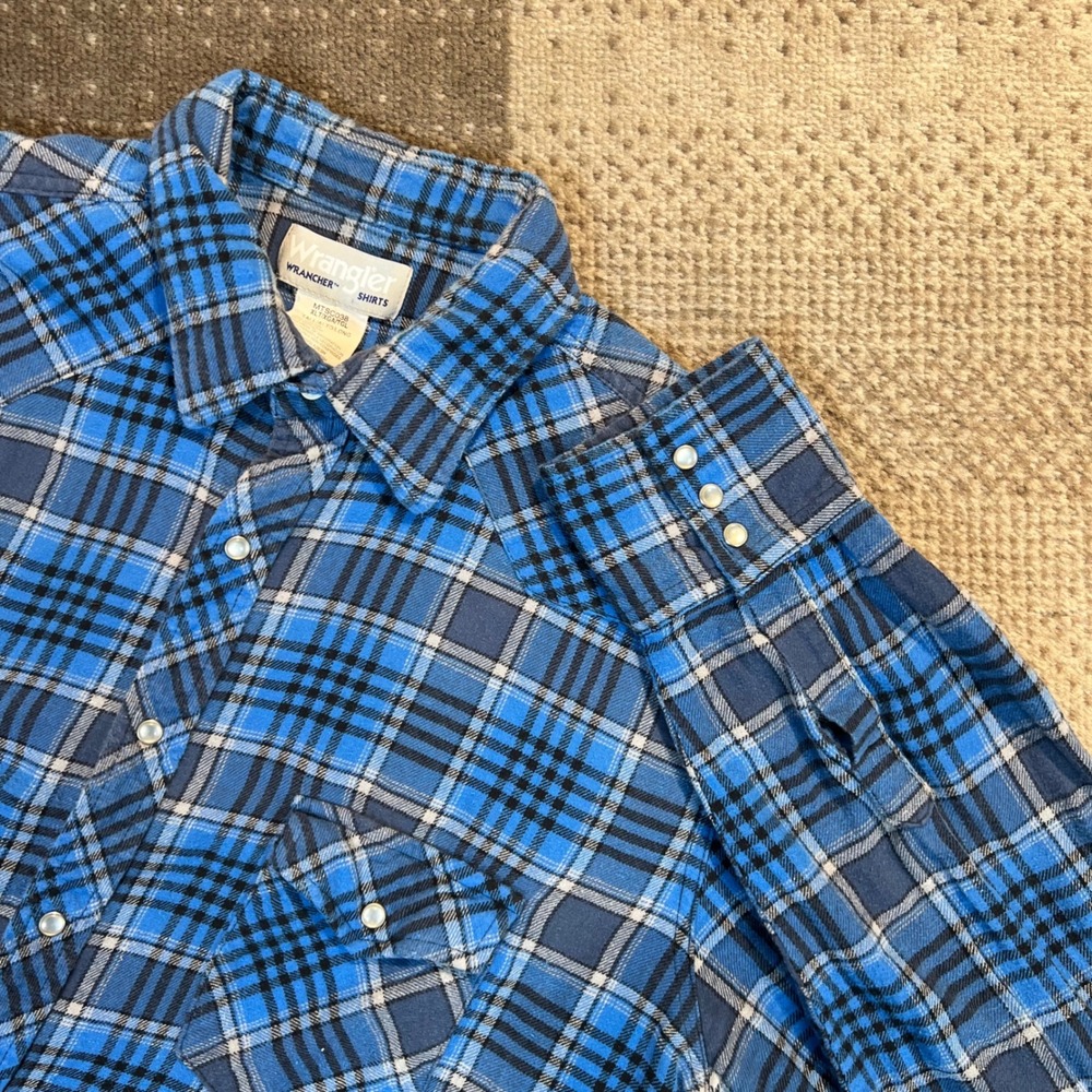Wrangler Wrancher Mens XLT Blue Plaid Flannel Western Pearl Snap Shirt